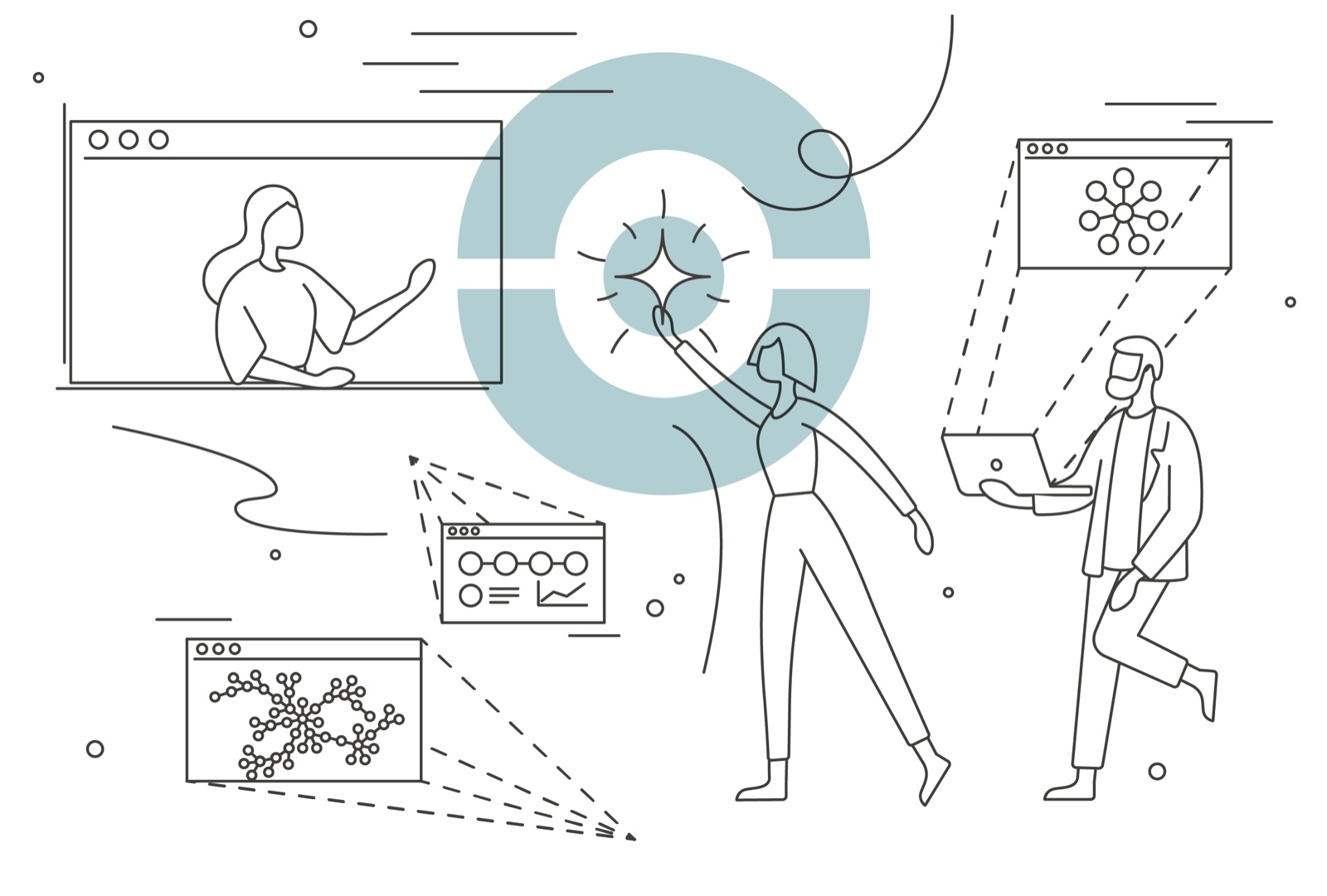 Illustration: people thinking together around the Hunome spark
